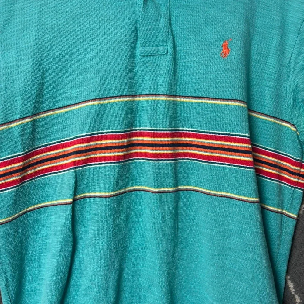 VTG Polo Ralph Lauren Polo Shirt Textured Teal Fabric Southwest Aztec Stripes L